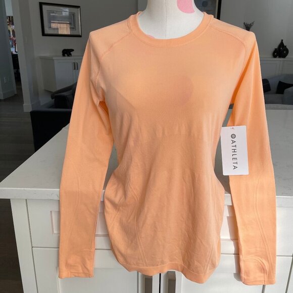 Athleta Momentum Seamless Lg Sleeve Crew Neck Nylon Top Tangerine Peach Sz M NWT - Picture 1 of 15